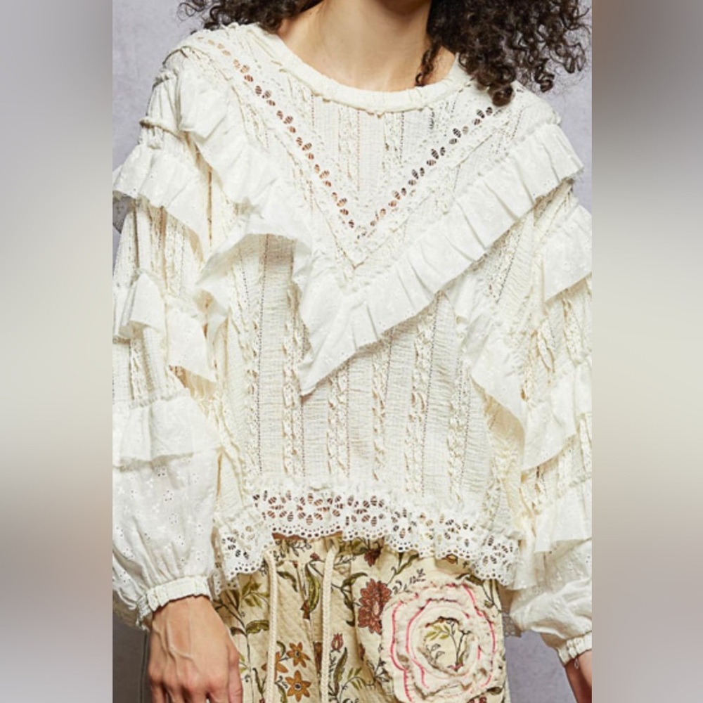 NWOT POL Lace Ruffle Cream Blouse - Picture 3 of 4